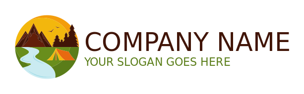 travel logo tent on riverside and mountains