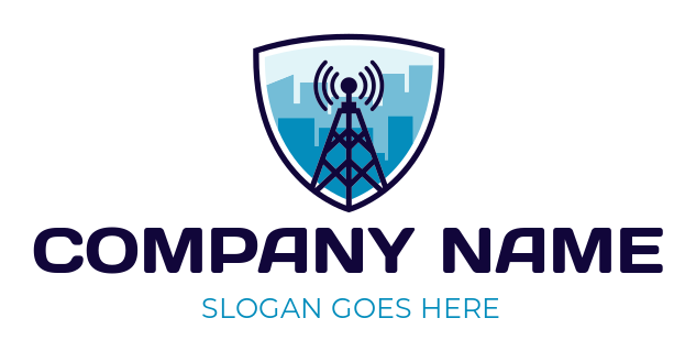 communication logo illustration cityscape with signal tower in shield - logodesign.net