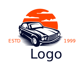 auto shop logo classic car in sunset with clouds
