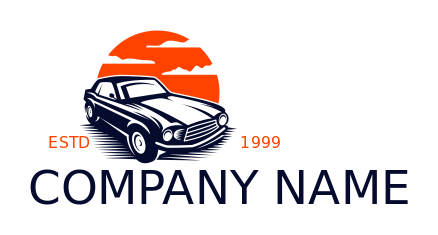 auto shop logo classic car in sunset with clouds