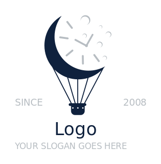 travel logo clock in moon with air balloon