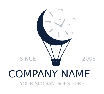 travel logo clock in moon with air balloon