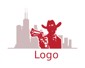 cowboy pointing gun in Chicago skyline