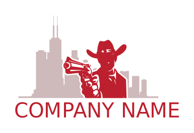 cowboy pointing gun in Chicago skyline