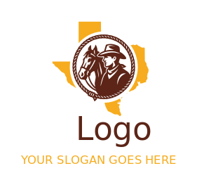 cowboy with horse inside circle Texas outline