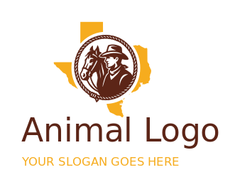 cowboy with horse inside circle Texas outline