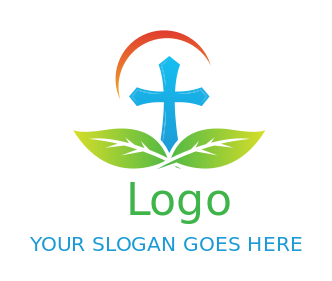 religious logo cross with leaves swoosh on top