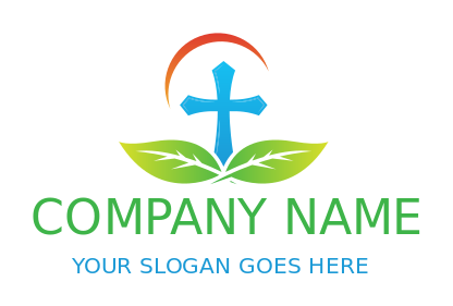 religious logo cross with leaves swoosh on top