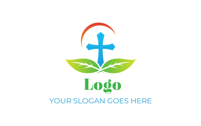 religious logo cross with leaves swoosh on top
