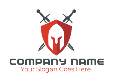 gaming logo creator crossed swords behind shield with a medieval knight helmet for computer game