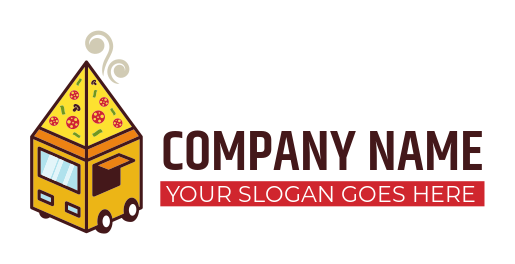 food logo cube shaped truck with pizza pyramid