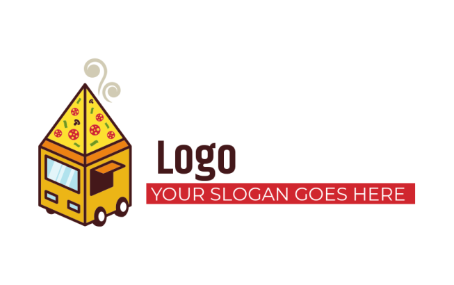 cube shaped food truck with pizza pyramid logo icon