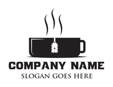 teahouse logo steaming tea cup with clock dial