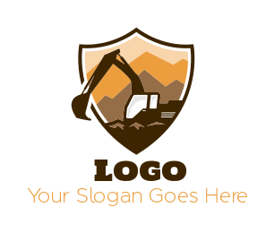 construction logo crane mountain stone in shield