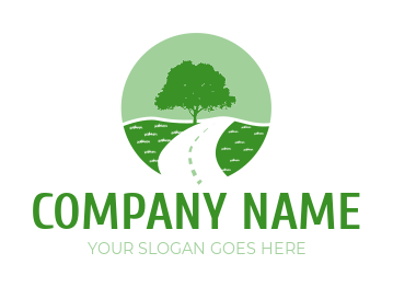 farm logo driveway across fields with lush