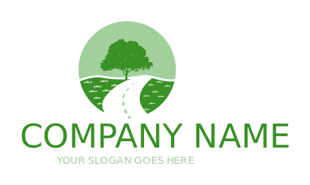 farm logo driveway across fields with lush