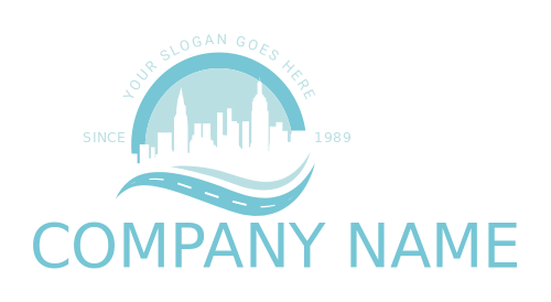travel logo driveway across city skylines