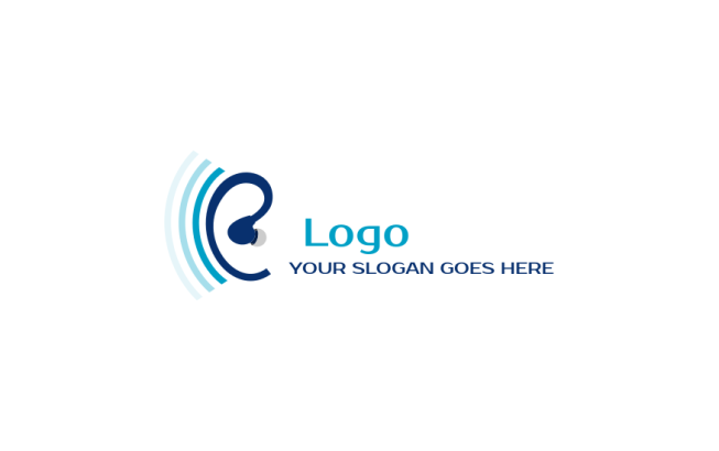 ear with hearing aid device and sound waves logo icon