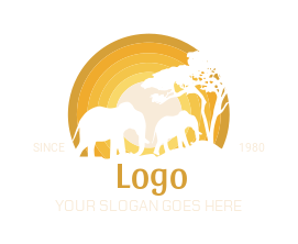 Design a logo of elephant with calf tree in sun 