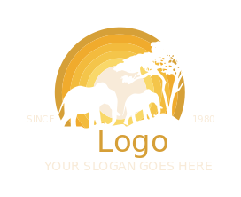 Design a logo of elephant with calf tree in sun 