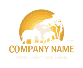 Design a logo of elephant with calf tree in sun 