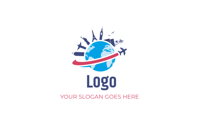 design a travel logo famous landmarks on globe with airplane
