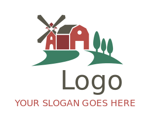 agriculture logo farmhouse with windmill trees