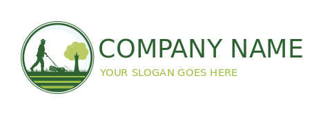 design a landscaping logo field and man mowing grass near tree