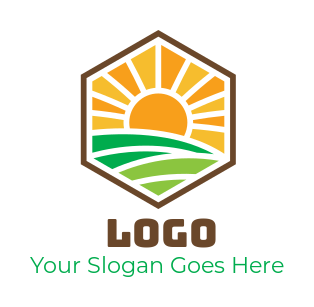 agriculture logo fields with sun rays in hexagon