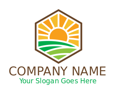 agriculture logo fields with sun rays in hexagon