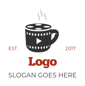 media logo film strip on steaming coffee cup