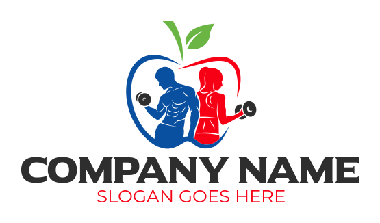 Fitness logo persons with dumbbells in apple