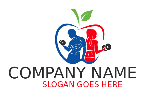 Fitness logo persons with dumbbells in apple