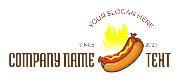 restaurant logo mustard hotdog in bun on flame