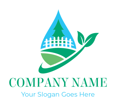 create a landscape logo garden inside water drop with swoosh leaf 