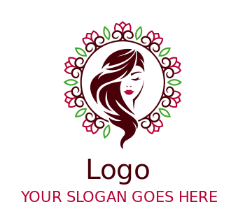 hair covering half face of woman in ornaments with flowers and leaves