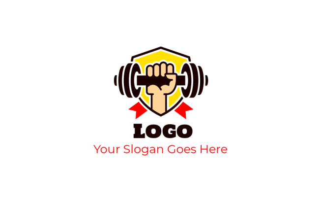 hand holding dumbbell in shield for fitness center logo creator