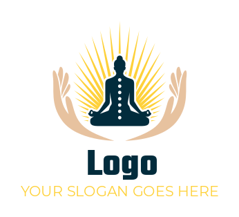 spa logo hands around yoga buddha with rays