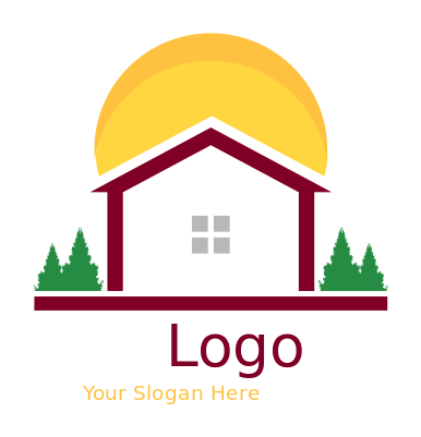 real estate logo home with pine trees and sun