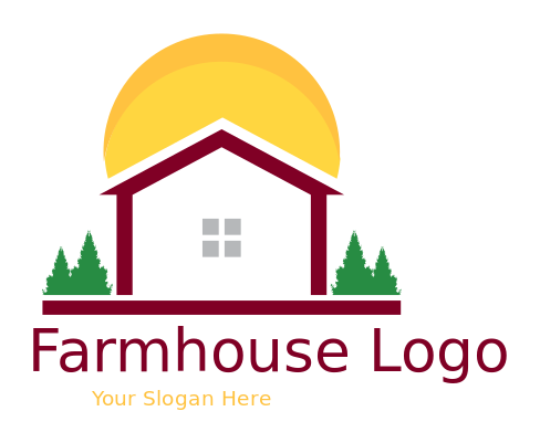 real estate logo home with pine trees and sun