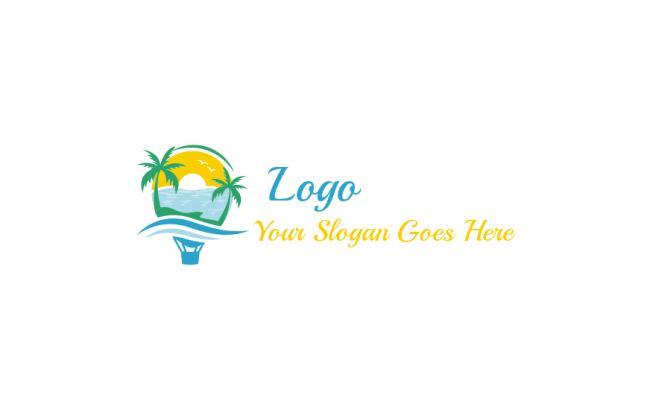 hot air balloon with tropical landscape logo maker