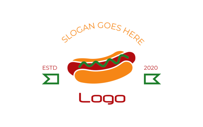 Make a logo of hot dog in bun with green sauce