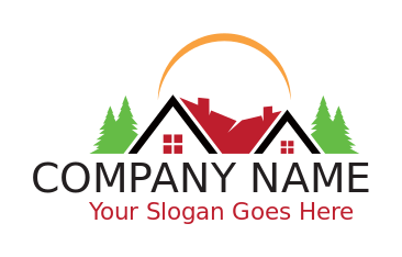 design a real estate logo houses with trees under arc