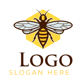 logo illustration of bee in yellow hexagon 