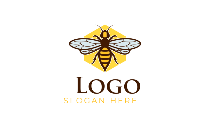 logo illustration of bee in yellow hexagon 