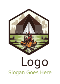 glamping logo campsite in hexagon with firewood