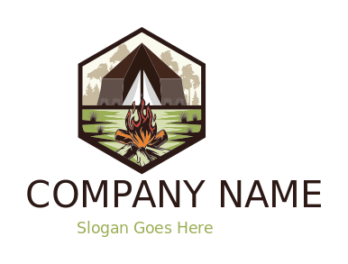 glamping logo campsite in hexagon with firewood