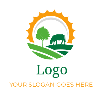 make an agriculture logo of cow and sun on farm