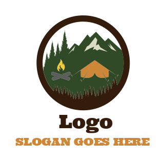 camping logo tent on mountains with pine trees