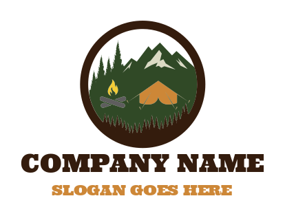 landscape logo tent on mountains with pine trees